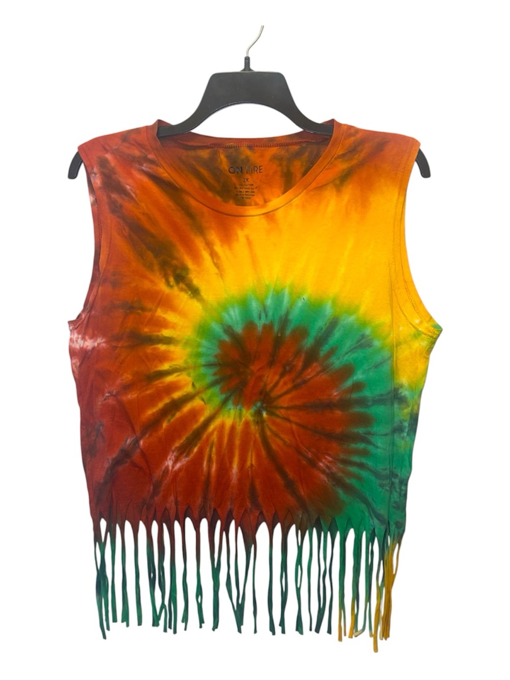 Plus Size On Fire Tie-Dye Fringe Muscle Tee in Yellow, Green & Red